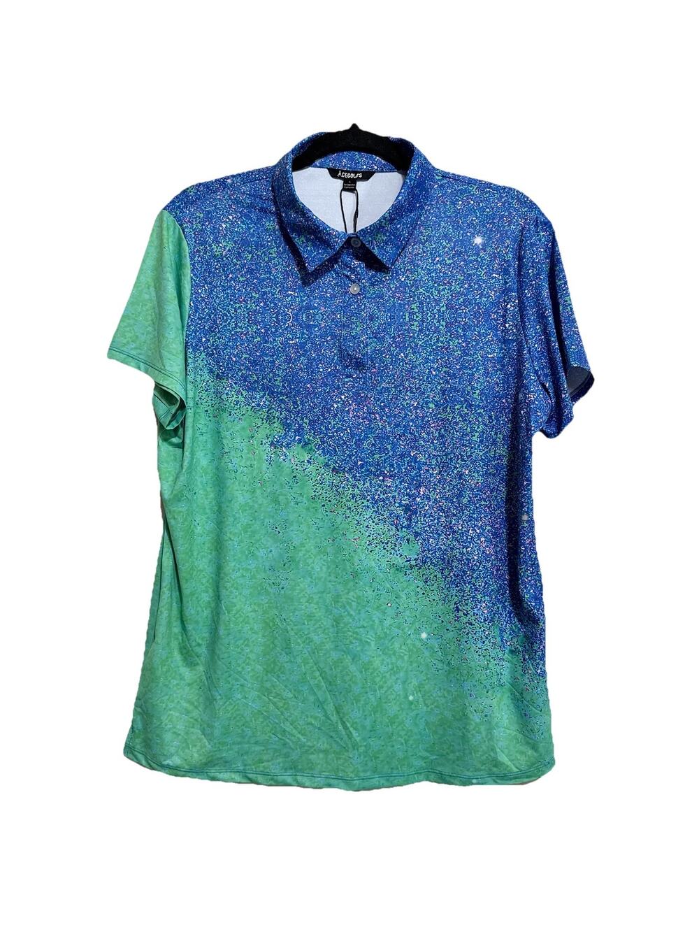 Acegolfs Women’s Golf Polo Tee Large Short Sleeve Blue Green Collard Pocket NWT